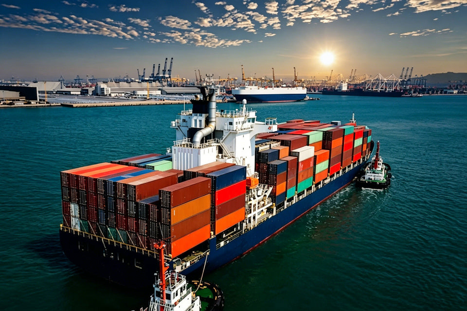 The cargo ship is currently sailing across the ocean