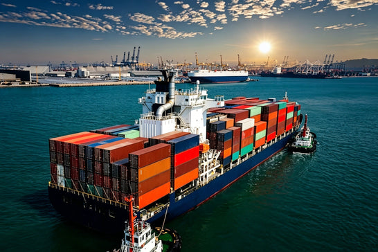 The cargo ship is currently sailing across the ocean