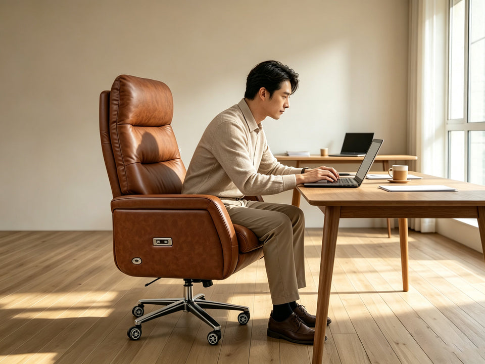 A side view of a man sitting in a brown, 3-zone genuine leather executive office chair at a wooden desk in a modern, minimalist room. He is working on a laptop, and the warm, natural lighting from a nearby window illuminates the workspace.