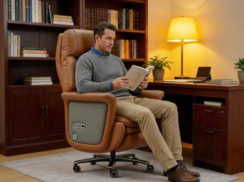 Man sitting in a ROCTRY Ellis brown office chair reading a book in a home office setting.
