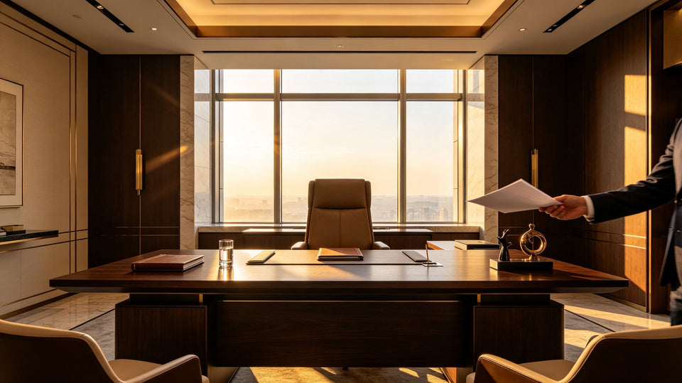 Modern executive office featuring a sleek dark wood desk, a premium leather high-back chair, and warm ambient lighting.
