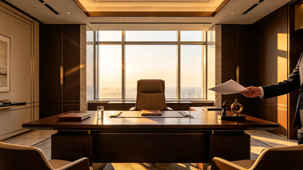 Modern executive office featuring a sleek dark wood desk, a premium leather high-back chair, and warm ambient lighting.