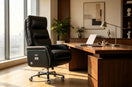 Upscale high-rise home office with black genuine leather office chair, walnut desk and city-view windows
