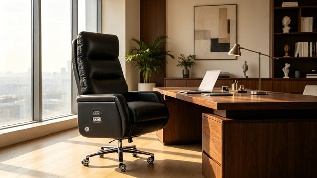 Upscale high-rise home office with black genuine leather office chair, walnut desk and city-view windows
