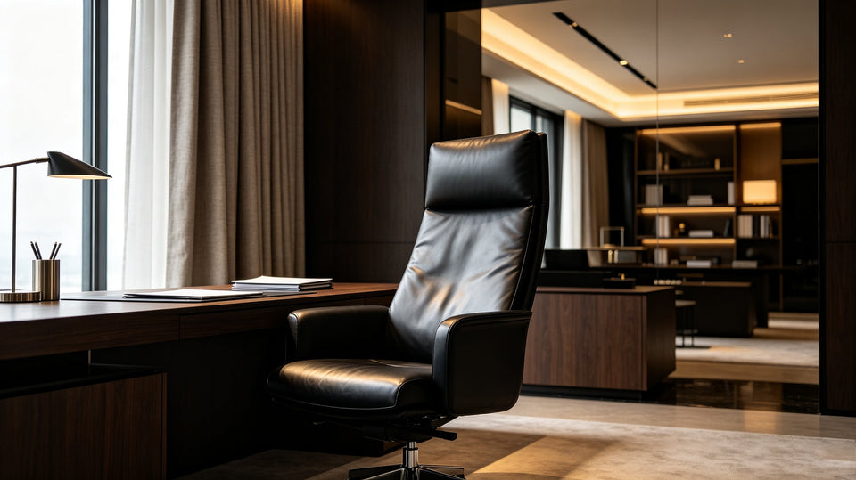 Modern luxury executive office. Black leather office chair matched with walnut desk, simple and elegant space.