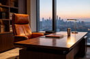 Executive CEO office workspace with premium full-grain leather office chair, large window city skyline at dusk.