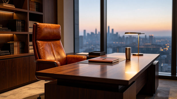 Executive CEO office workspace with premium full-grain leather office chair, large window city skyline at dusk.