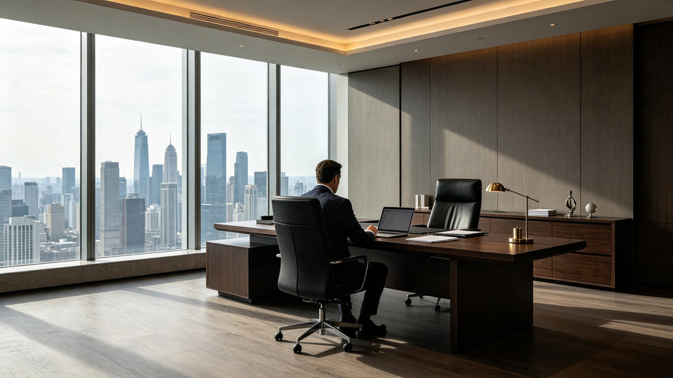 Modern high-rise CEO executive office, businessman viewed from behind working at solid wood desk with full-grain leather office chair, city skyline floor-to-ceiling windows.