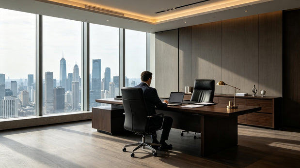 Modern high-rise CEO executive office, businessman viewed from behind working at solid wood desk with full-grain leather office chair, city skyline floor-to-ceiling windows.
