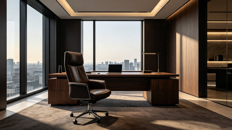 Modern executive office, floor-to-ceiling windows, premium leather chair by dark wood desk, city skyline view
