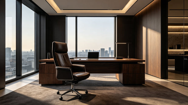 Modern executive office, floor-to-ceiling windows, premium leather chair by dark wood desk, city skyline view