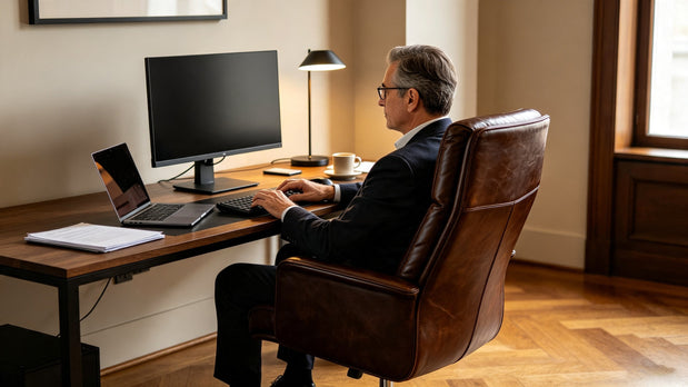 Middle-aged executive typing on brown genuine leather office chair in elegant home office.