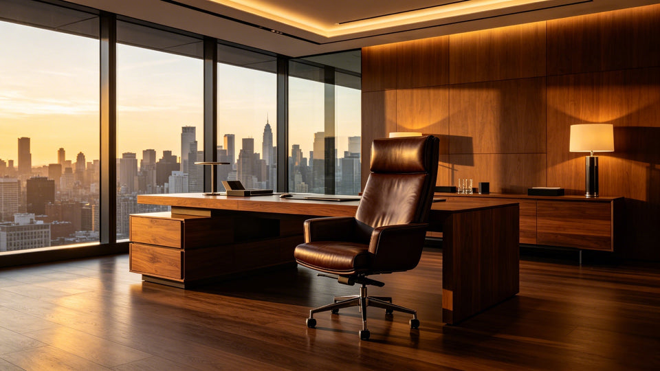 CEO high-rise private office, full-grain leather high-back executive chair by wooden desk, sunset city view through floor-to-ceiling windows, warm ambient lighting.