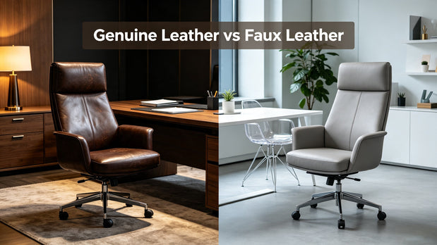 Split-screen comparison: Premium genuine leather office chair in a dark wood executive office on the left, light grey faux leather chair in a bright minimalist modern office on the right. Title: Genuine Leather vs Faux Leather.