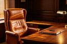 CEO private office, brown full-grain leather executive chair, wooden desk, warm natural light.