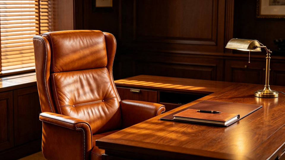 CEO private office, brown full-grain leather executive chair, wooden desk, warm natural light.
