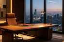 Modern high‑end executive private office with leather chair, wooden desk, floor‑to‑ceiling city‑view windows.