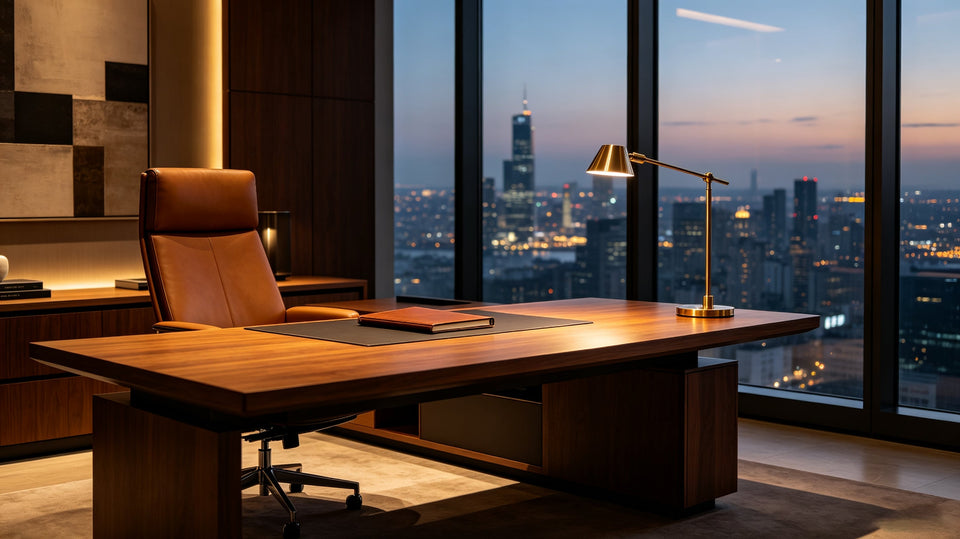 Modern high‑end executive private office with leather chair, wooden desk, floor‑to‑ceiling city‑view windows.