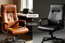Real‑leather executive chair vs faux‑leather office chair, side‑by‑side scene comparison.