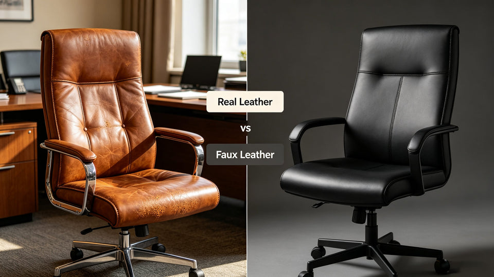 Real‑leather executive chair vs faux‑leather office chair, side‑by‑side scene comparison.