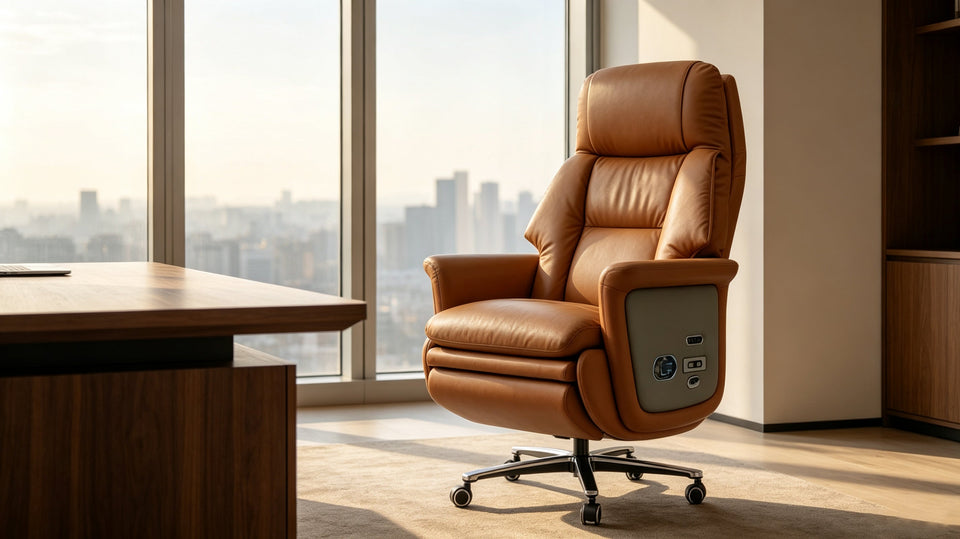 Premium executive genuine‑leather office chair in sunlit high‑rise executive office workspace