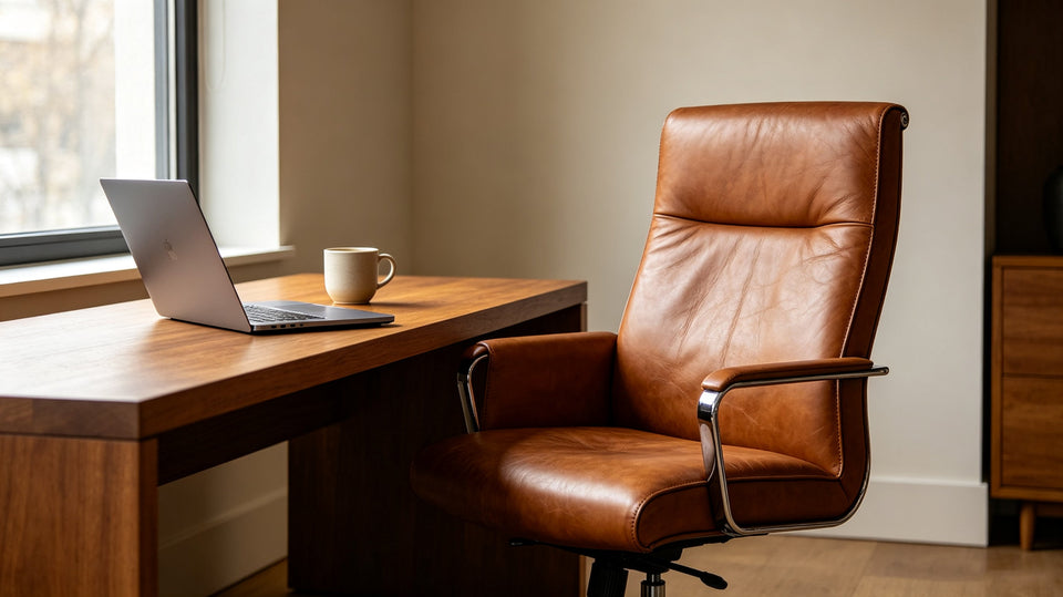 Warm‑toned home‑office workspace with brown leather office chair, wooden desk, laptop and coffee mug, soft window light