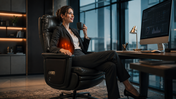 A professional using the ROCTRY smart heated chair in an air-conditioned office, enjoying heated office chair benefits and relieving back stiffness.