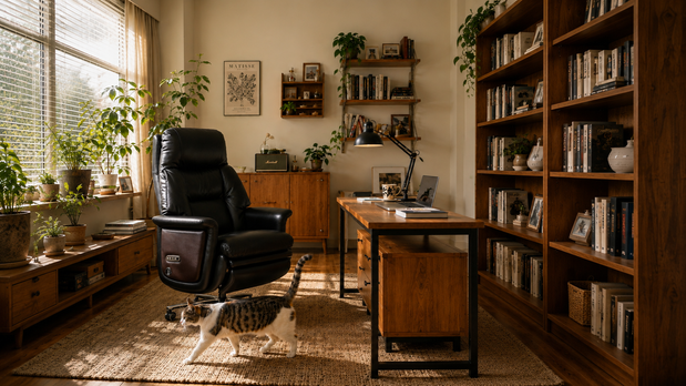 Person sitting with perfect posture in a natural light home office with an ergonomic executive chair