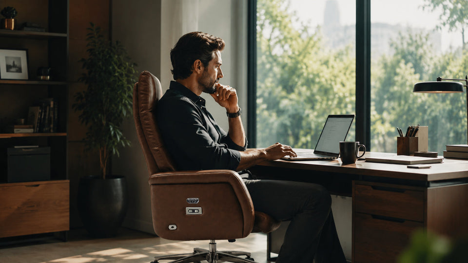 An executive is in a private office, using a high-end executive chair.
