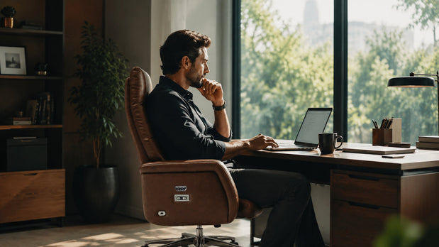 An executive is in a private office, using a high-end executive chair.
