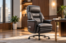 Office chair size guide showing an Ellis executive chair in a modern office