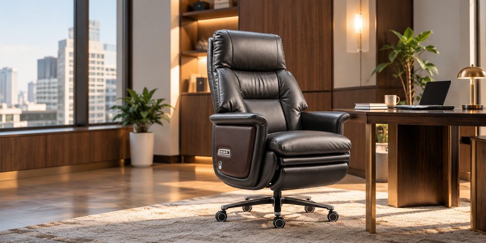 Office chair size guide showing an Ellis executive chair in a modern office