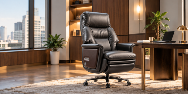 Office chair size guide showing an Ellis executive chair in a modern office