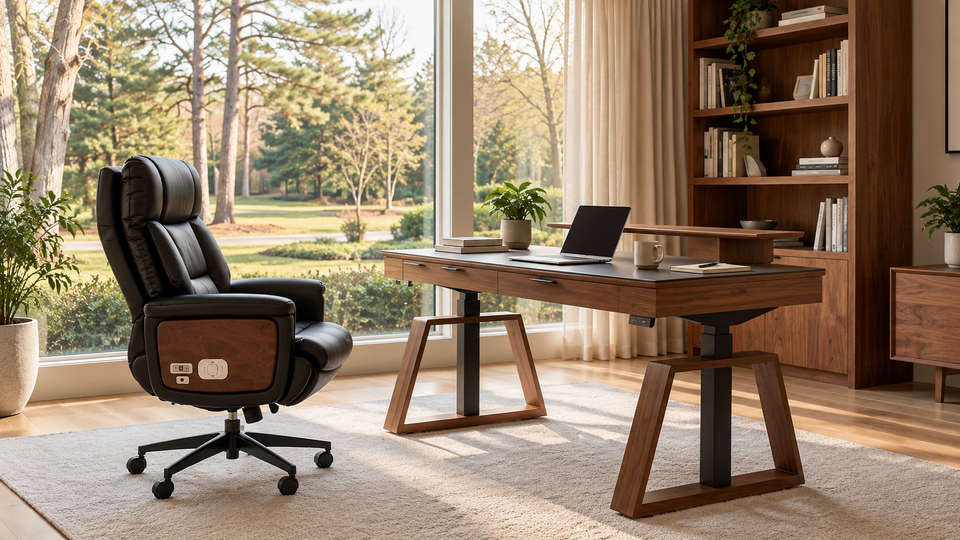 Complete executive workstation showing harmonious desk and chair height with proper ergonomics