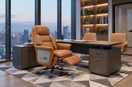 A well-planned executive office layout showing a walnut desk in a command position, leather executive chair, and comfortable guest seating clearance.