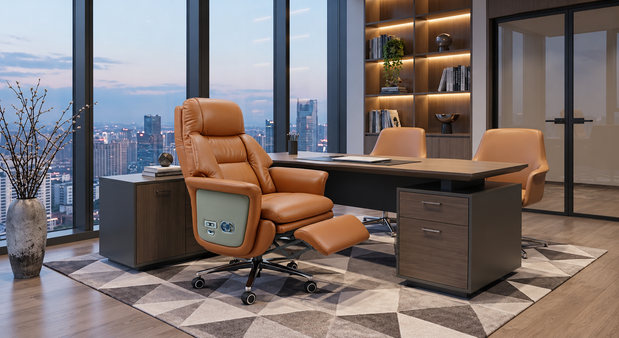 A well-planned executive office layout showing a walnut desk in a command position, leather executive chair, and comfortable guest seating clearance.