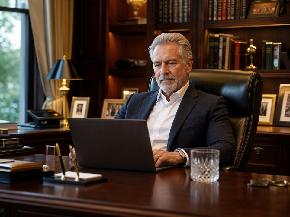 A CEO working at a desk while seated in a premium genuine leather executive office chair.