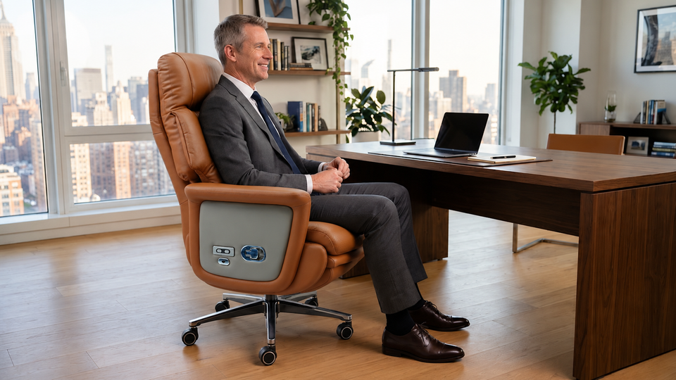 Tall executive seated comfortably in a leather office chair with full thigh support, feet flat on the floor, and proper backrest alignment.