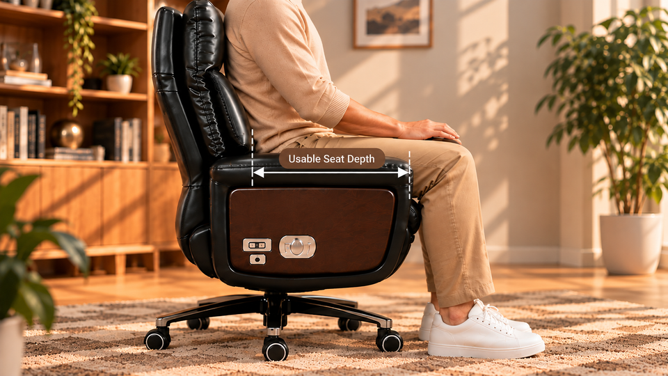 Office chair seat depth guide showing the Ellis executive chair and seat depth measurement