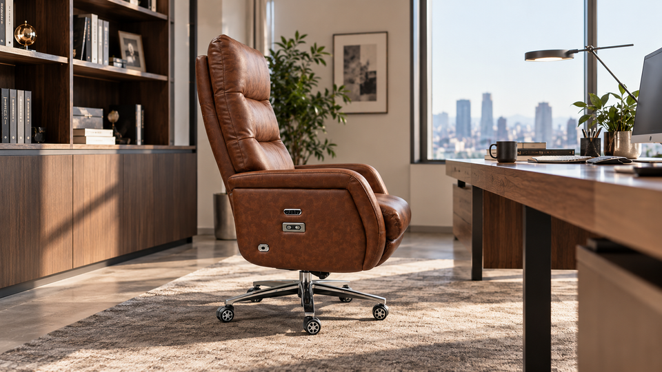 Executive leather office chair showcasing wide seat cushion and clean minimalist desk setup in a sunlit modern office.
