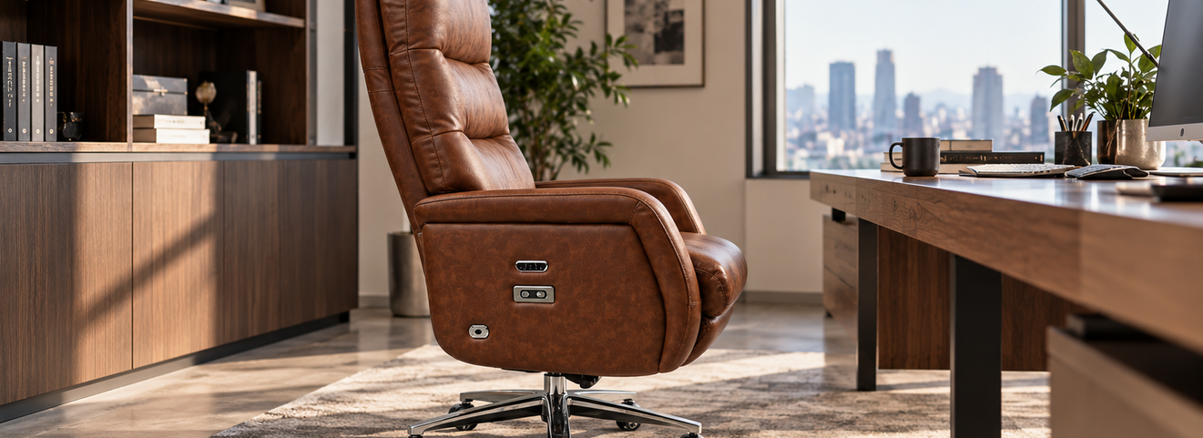 Executive leather office chair showcasing wide seat cushion and clean minimalist desk setup in a sunlit modern office.