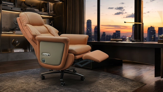 Executive professional using ROCTRY Ellis chair for productivity and relaxation