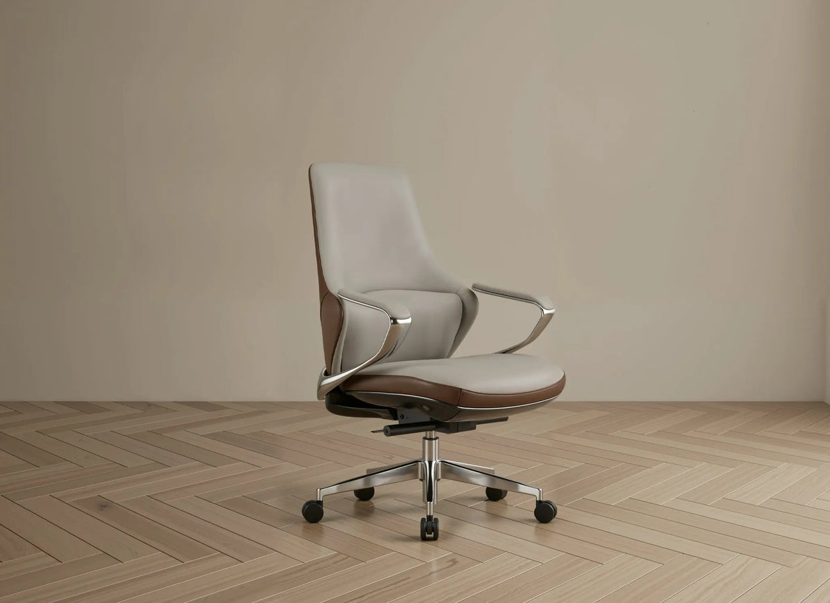 Modern office chair with a brown seat on a wooden floor and beige wall background