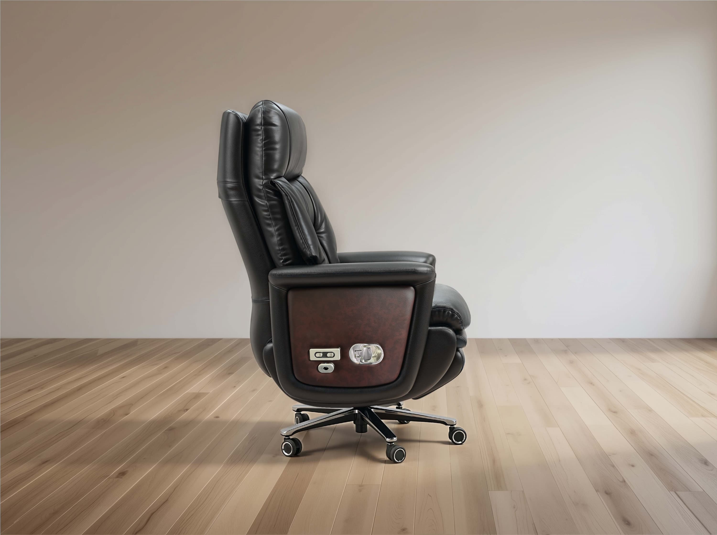 A black leather office chair with a dark wood panel on the side, featuring a headrest, adjustable armrests, and a five-star wheeled base, shown in a minimalist room setting with light wood floors and a beige wall.