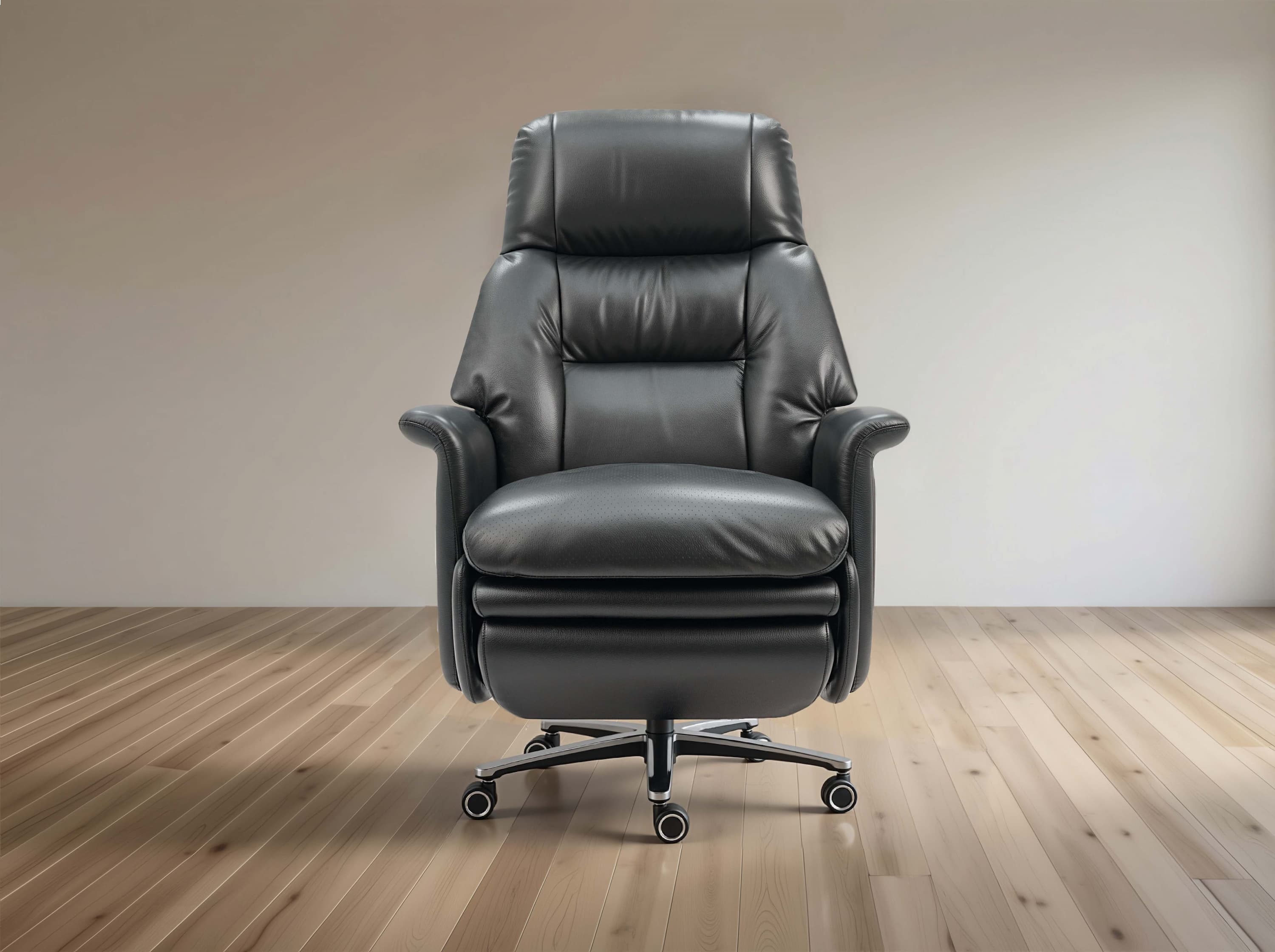 A dark gray leather office chair with a high back, padded armrests, and a chrome five-star rolling base, set against a minimalist beige wall and light wood floor.