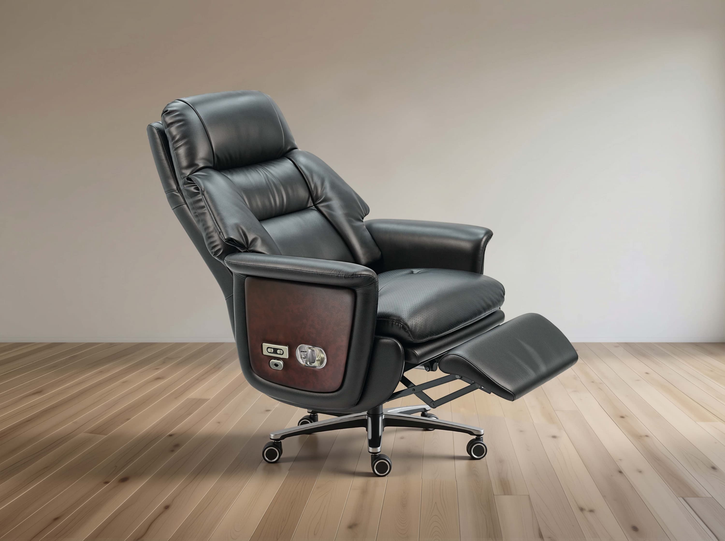 Black leather recliner office chair with extended footrest and wood-grain side panel, shown on a light wood floor against a neutral beige wall.
