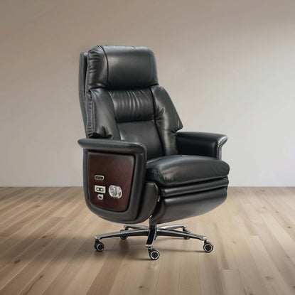 A black leather high-back office chair with a wood-grain side panel and five-wheel casters, shown in a minimalist room with light wood floors and a beige wall.