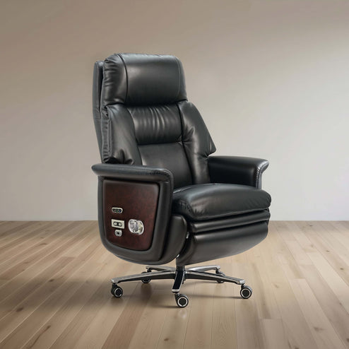 A black leather high-back office chair with a wood-grain side panel and five-wheel casters, shown in a minimalist room with light wood floors and a beige wall.