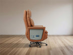 Brown leather recliner chair with control panel on a wooden floor and beige wall background