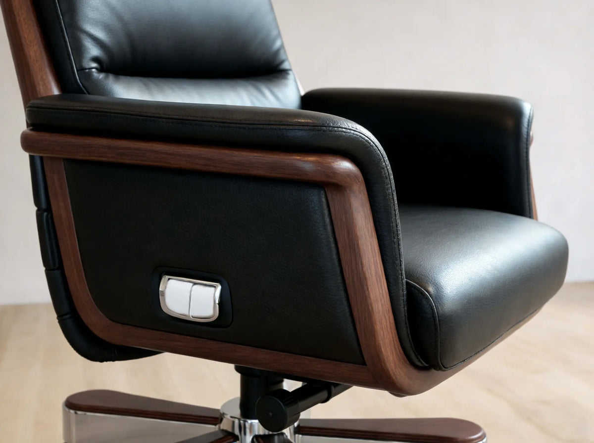 Black leather office chair with a dark wood frame and a silver power button on the side, shown in a close-up view.